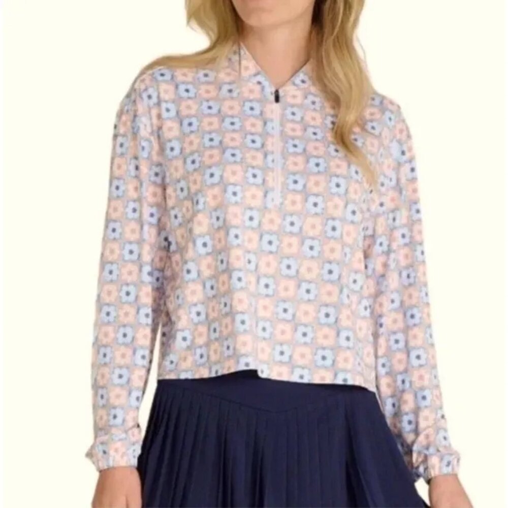 Bad Birdie Pastel Floral Zip-Front Cropped Long-Sleeve Top - Pink & Blue